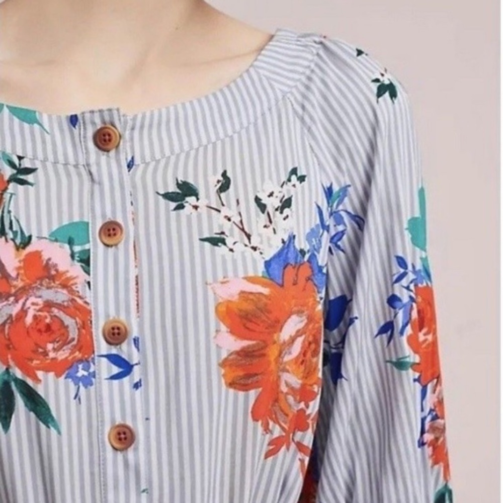 Anthropologie Maeve Blue Floral Striped Shirt - Picture 4 of 10